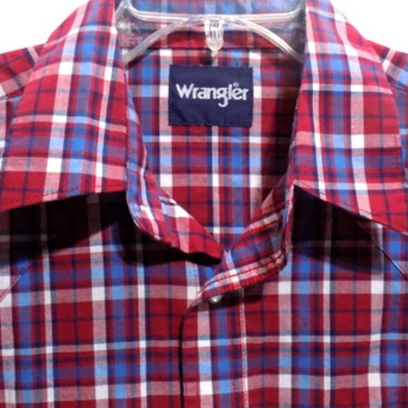 Wrangler Men's Red, White & Blue Plaid Pearl Snap Long Sleeve Shirt – Size: L - Picture 4 of 10